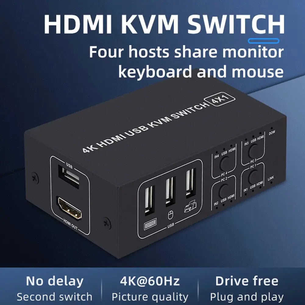 4 port HD KVM Switch HDMI-compatible 4K USB HD Switcher HD KVM HDMI compatible 4 in 1 out 4K 30HZ win10/8/mac os. PC laptop